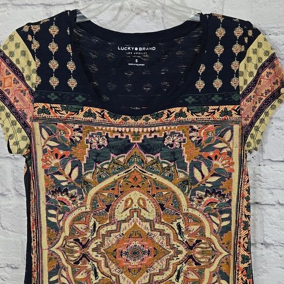 Lucky Brand Persian Carpet Graphic Scoop Neck Short Sleeve Tee Casual Knit Shirt - Picture 3 of 12